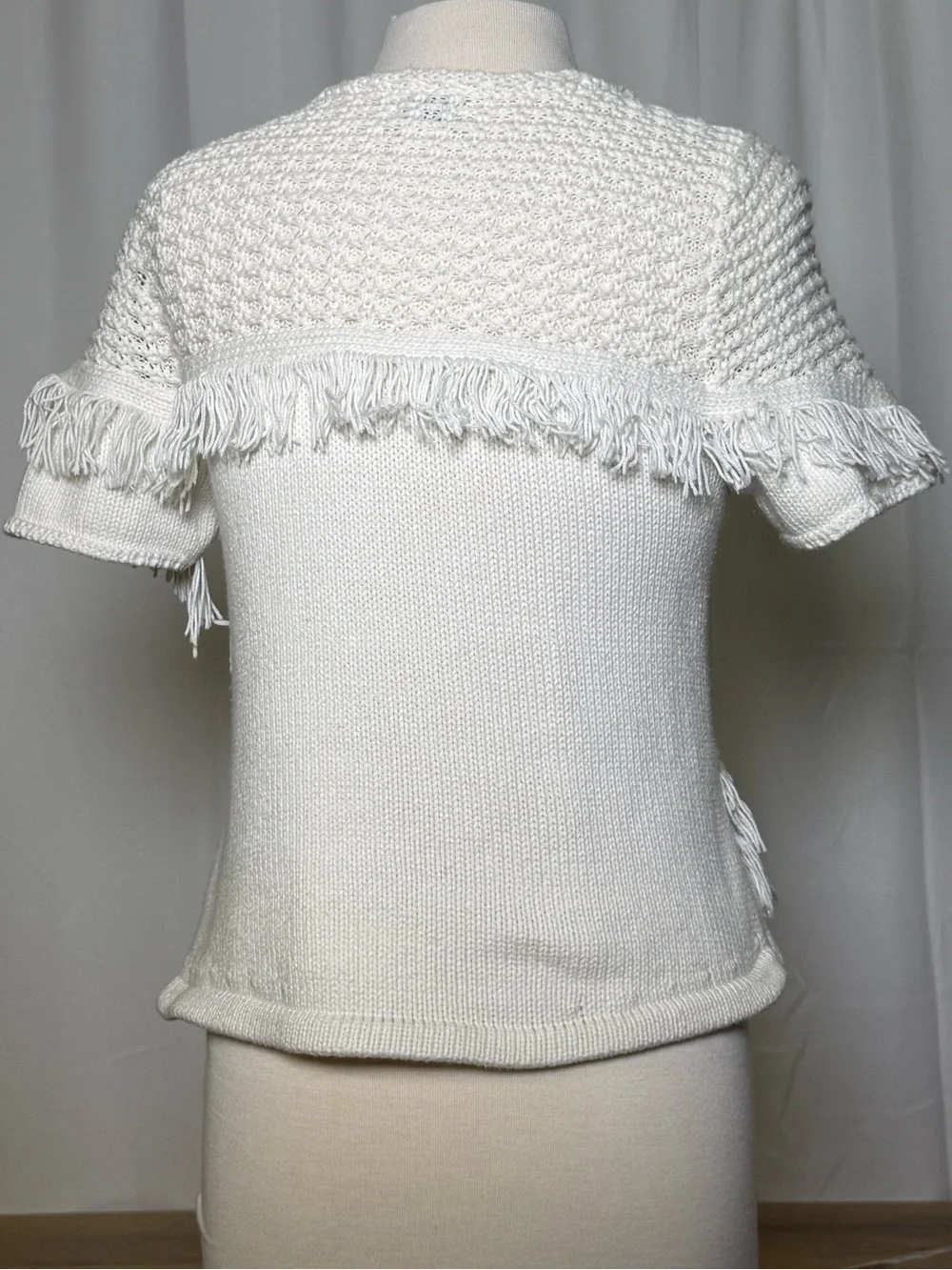 Anthropologie V-Neck Short Sleeve Cotton-Silk Fringe Knit Top size Small